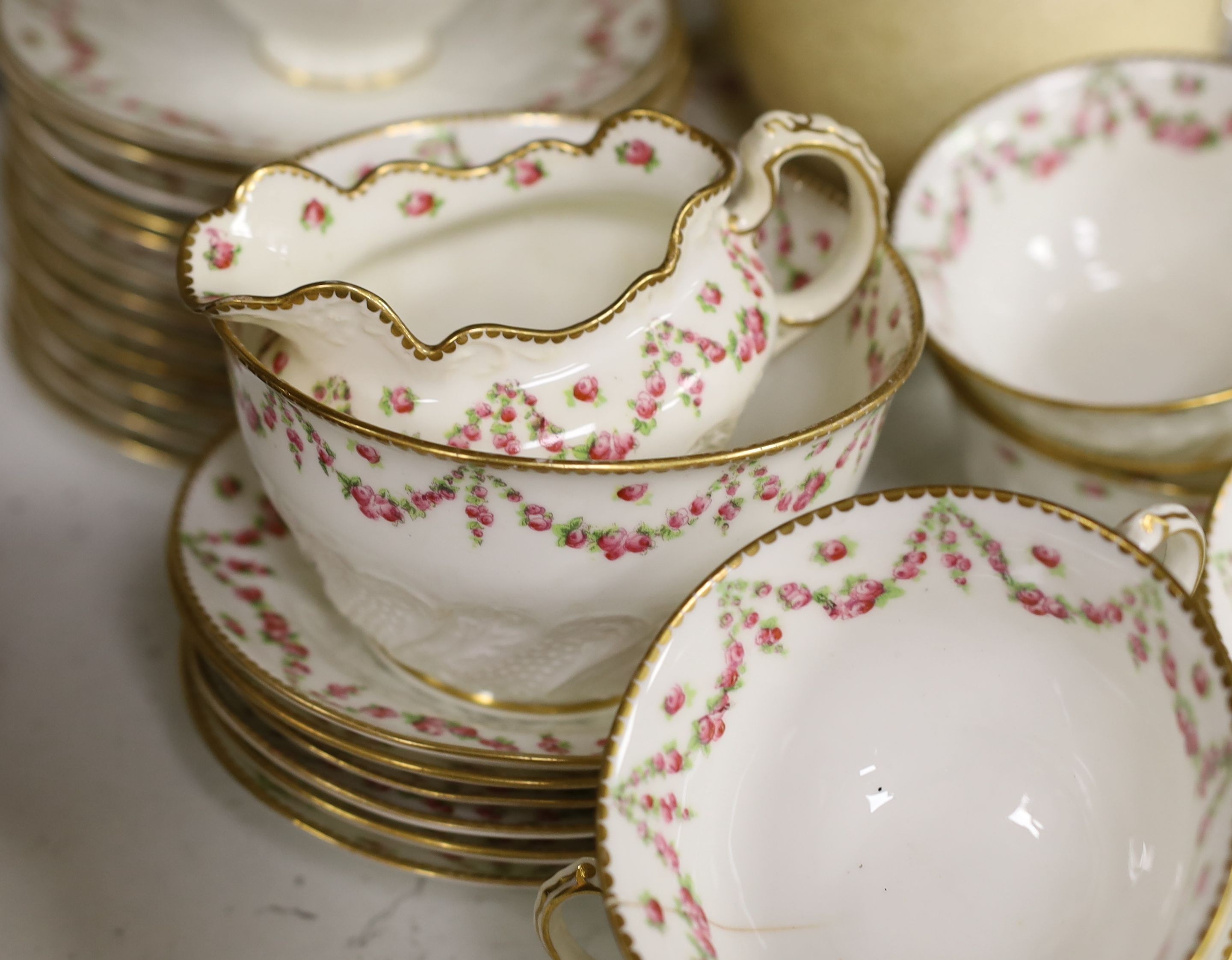 A Chinese famille rose pot and cover, a part Crescent China tea set and a small quantity of tea bowls etc